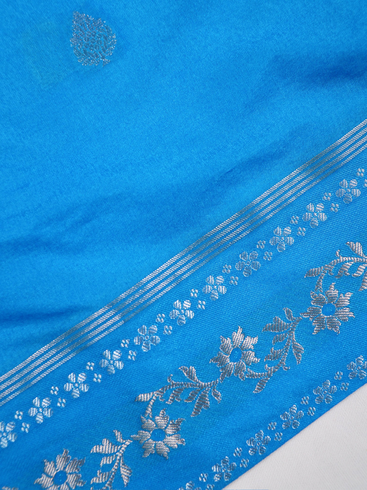 Blue Banarasi Soft Silk Saree with Silver Zari Floral Minakari
