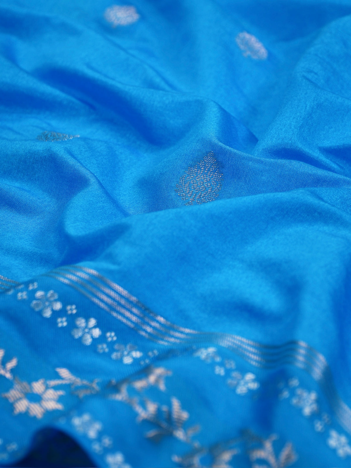 Blue Banarasi Soft Silk Saree with Silver Zari Floral Minakari