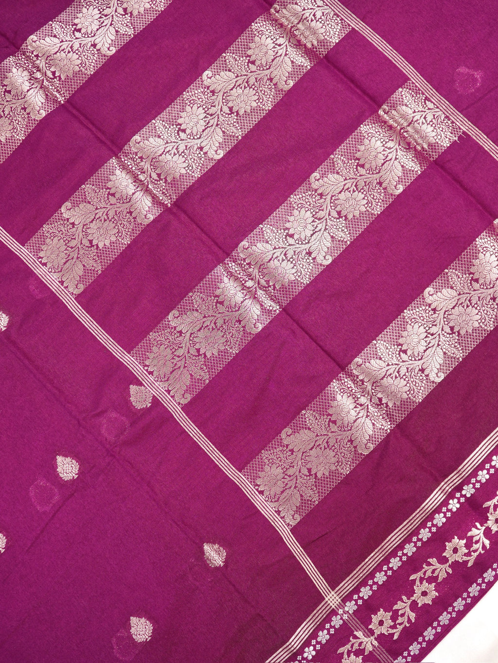 Deep Magenta Banarasi Soft Silk Saree with Silver Zari Leaf Motifs Striped Pallu