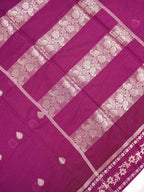 Deep Magenta Banarasi Soft Silk Saree with Silver Zari Leaf Motifs Striped Pallu