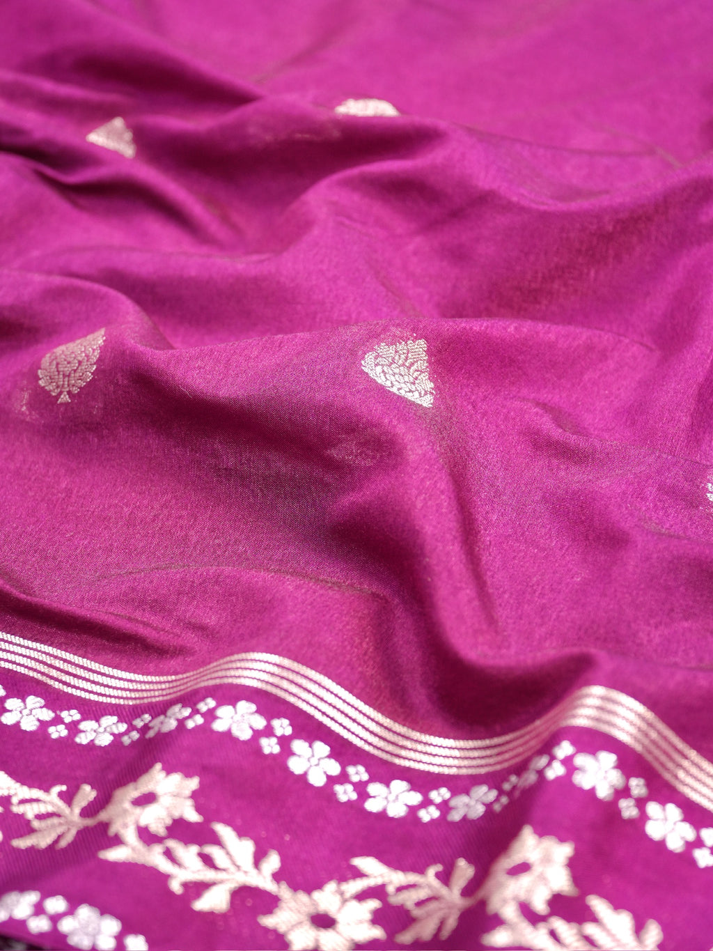 Deep Magenta Banarasi Soft Silk Saree with Silver Zari Leaf Motifs Striped Pallu