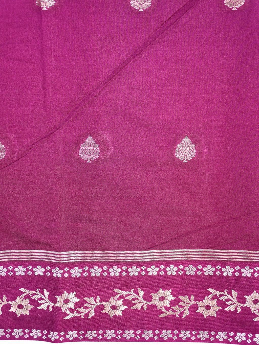 Deep Magenta Banarasi Soft Silk Saree with Silver Zari Leaf Motifs Striped Pallu