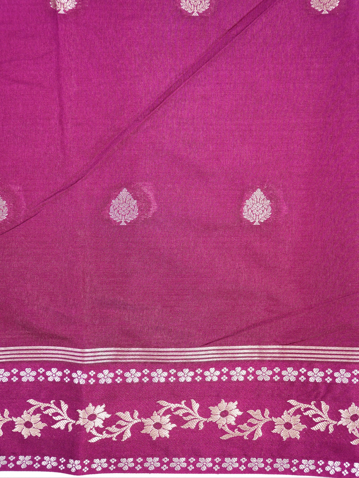 Deep Magenta Banarasi Soft Silk Saree with Silver Zari Leaf Motifs Striped Pallu