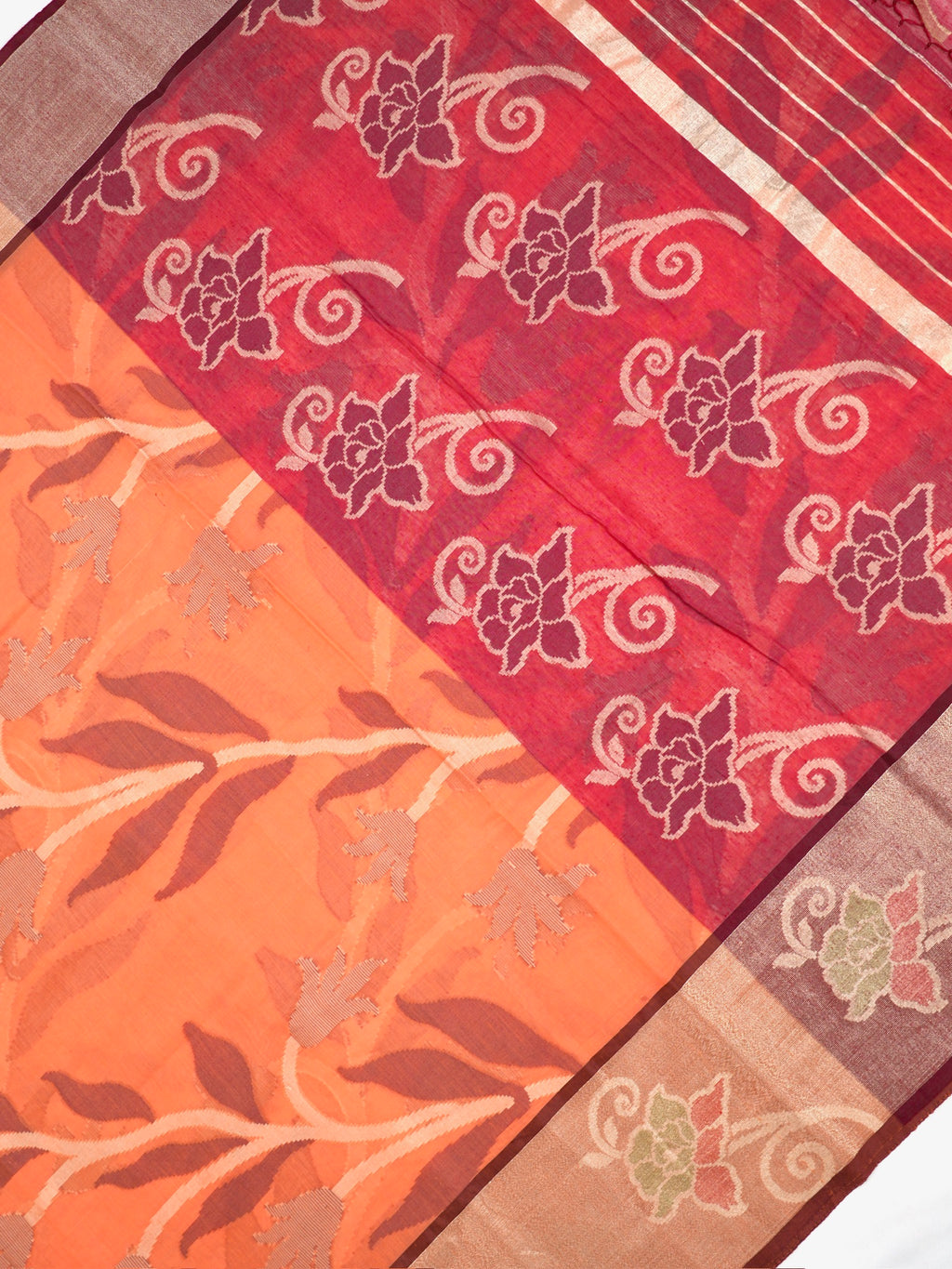 Orange & Wine Banarasi Soft Cotton Silk Saree with Floral Jaal
