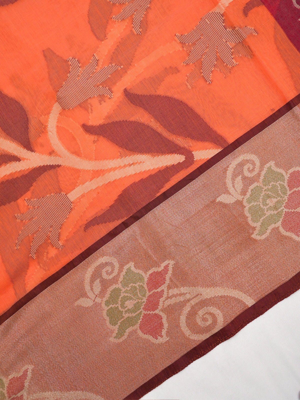 Orange & Wine Banarasi Soft Cotton Silk Saree with Floral Jaal