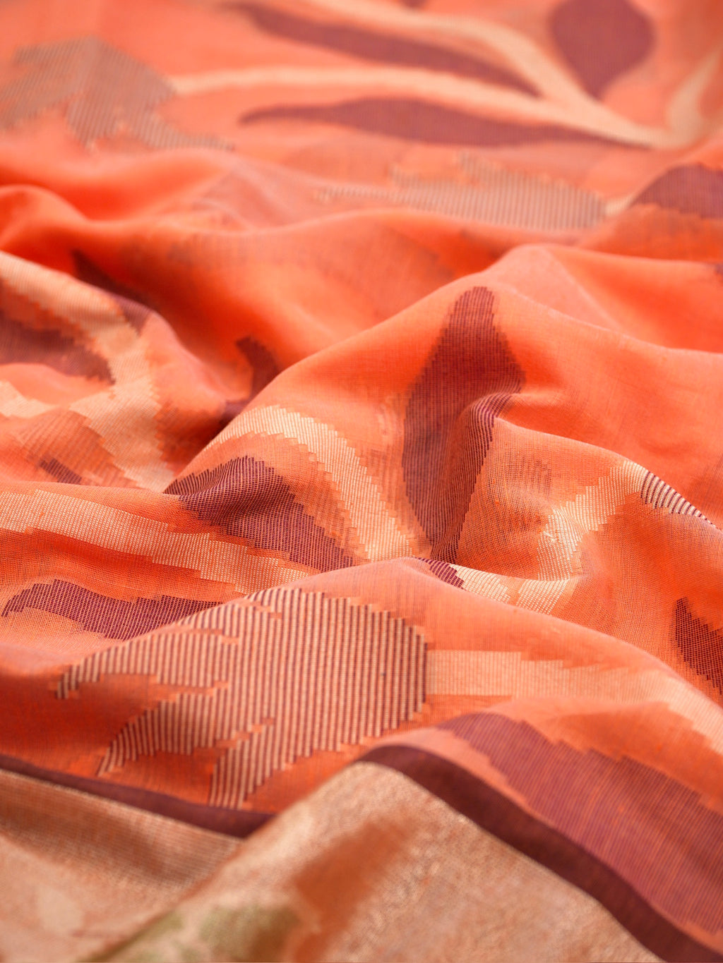Orange & Wine Banarasi Soft Cotton Silk Saree with Floral Jaal