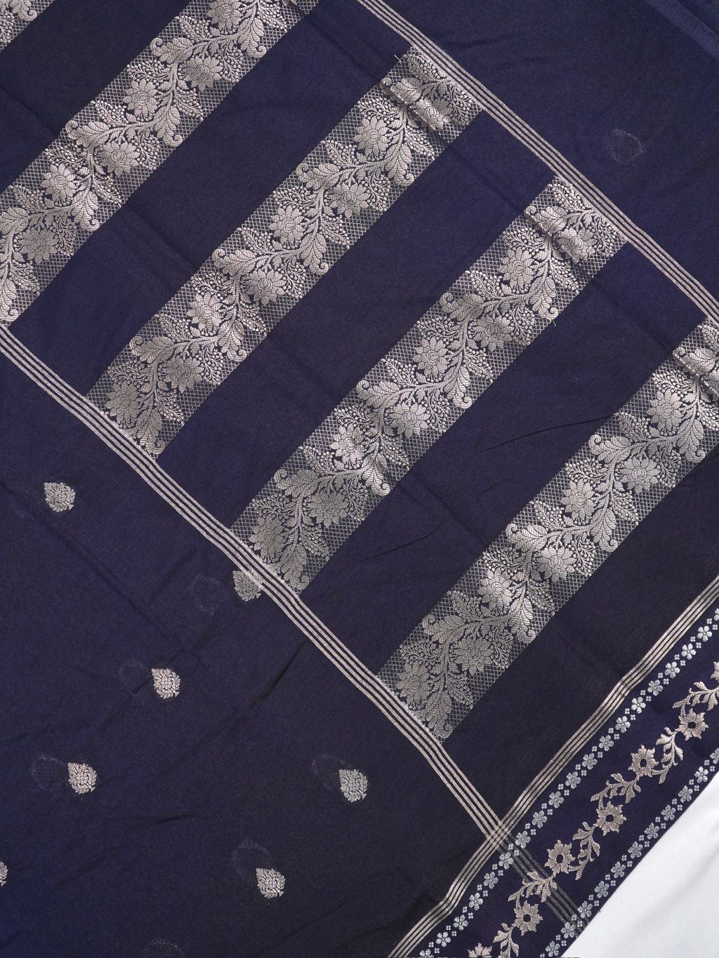 Midnight Navy Blue Banarasi Soft Silk Saree with Silver Zari Leaf Motifs Striped Pallu