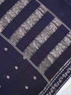 Midnight Navy Blue Banarasi Soft Silk Saree with Silver Zari Leaf Motifs Striped Pallu