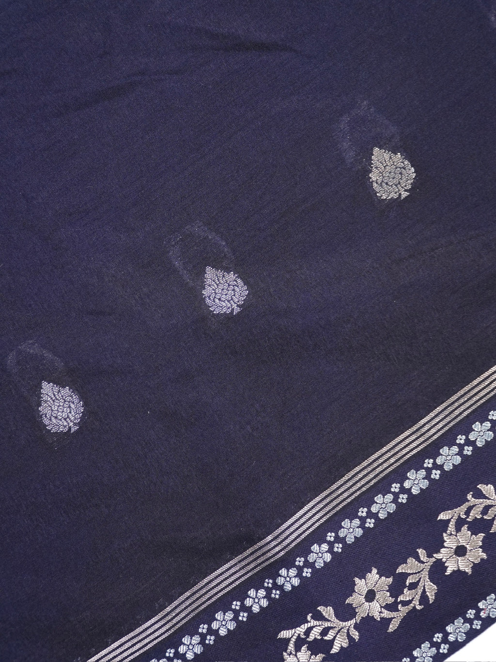 Midnight Navy Blue Banarasi Soft Silk Saree with Silver Zari Leaf Motifs Striped Pallu