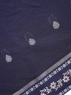 Midnight Navy Blue Banarasi Soft Silk Saree with Silver Zari Leaf Motifs Striped Pallu