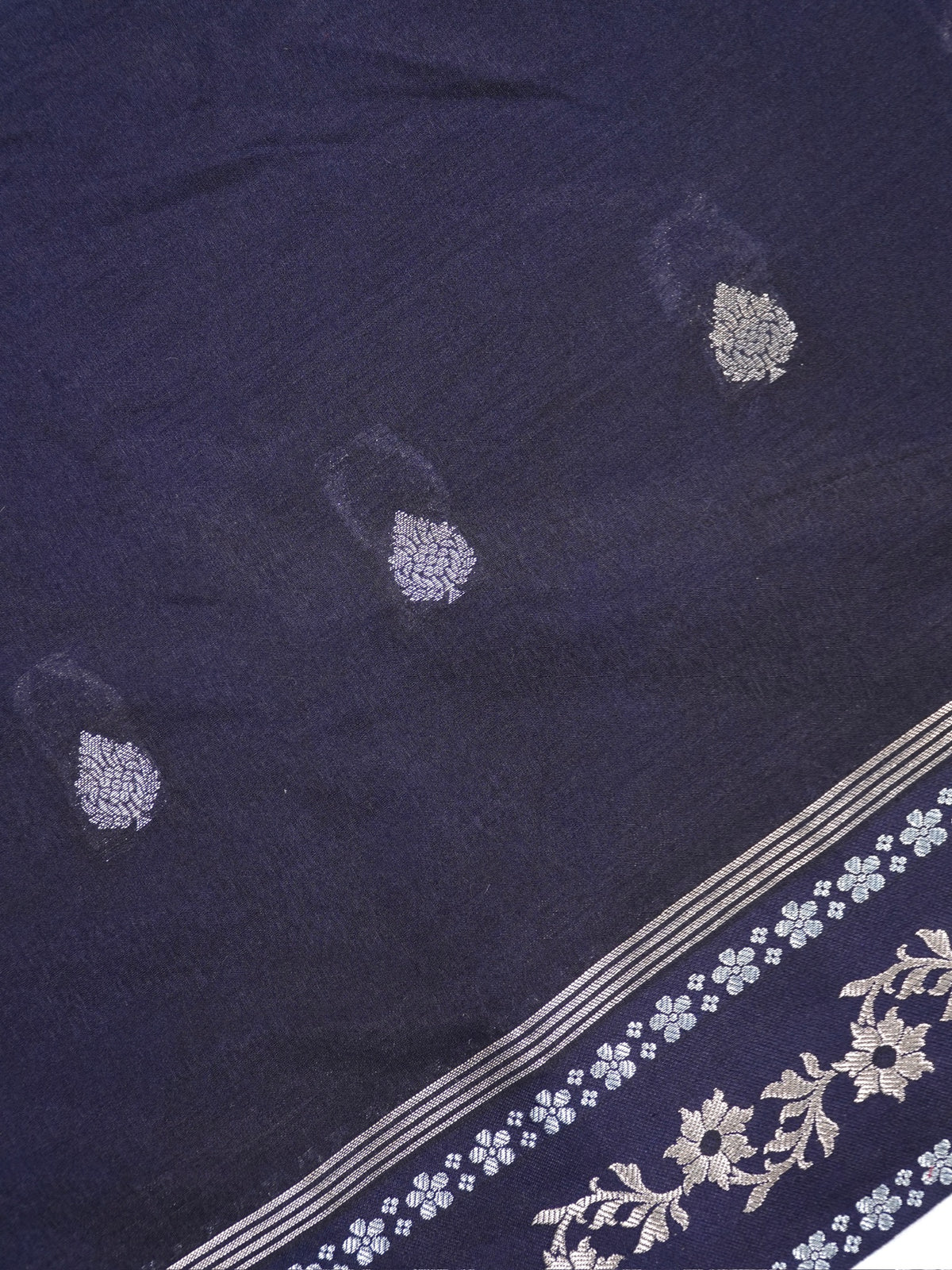 Midnight Navy Blue Banarasi Soft Silk Saree with Silver Zari Leaf Motifs Striped Pallu