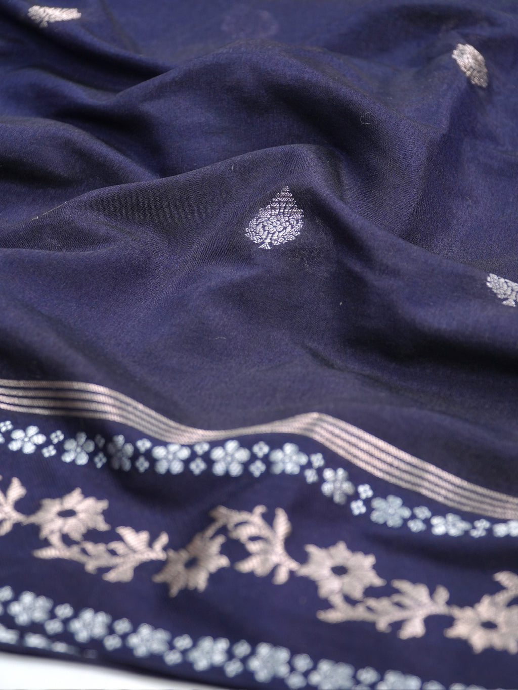 Midnight Navy Blue Banarasi Soft Silk Saree with Silver Zari Leaf Motifs Striped Pallu