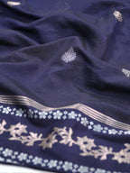Midnight Navy Blue Banarasi Soft Silk Saree with Silver Zari Leaf Motifs Striped Pallu