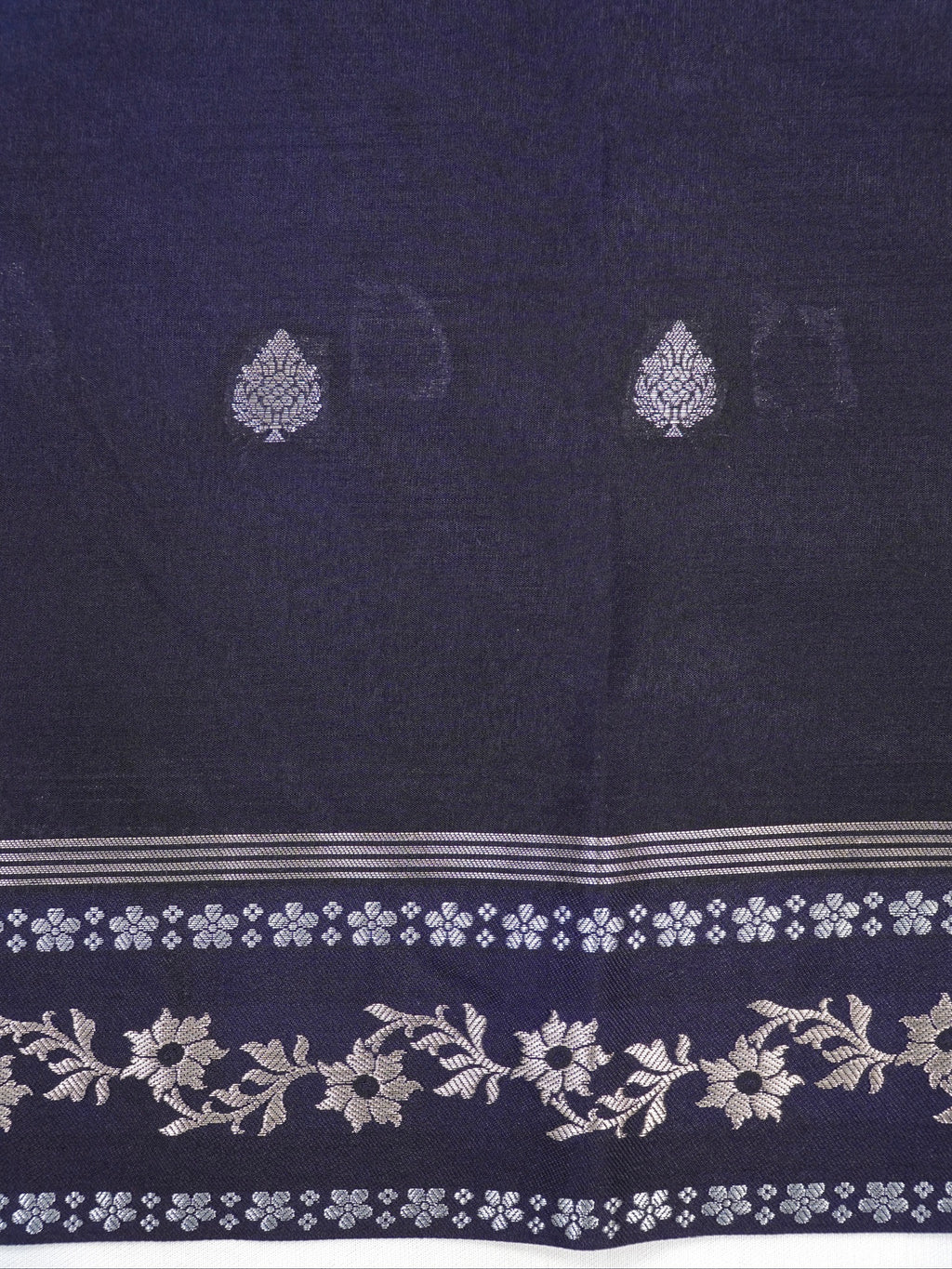 Midnight Navy Blue Banarasi Soft Silk Saree with Silver Zari Leaf Motifs Striped Pallu