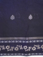 Midnight Navy Blue Banarasi Soft Silk Saree with Silver Zari Leaf Motifs Striped Pallu