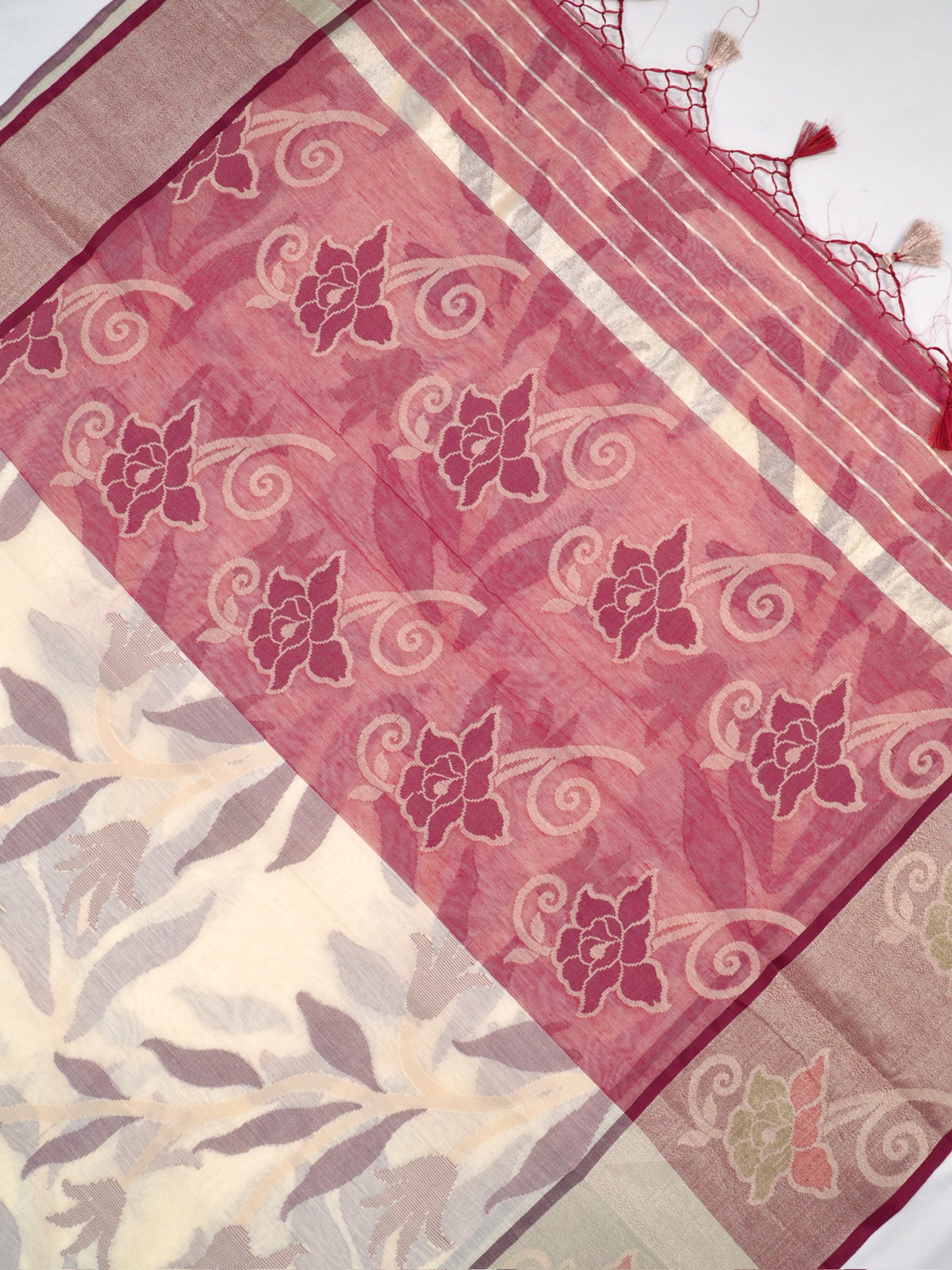Off-White Cream & Pink Banarasi Soft Cotton Silk Saree with Floral Jaal