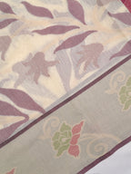 Off-White Cream & Pink Banarasi Soft Cotton Silk Saree with Floral Jaal