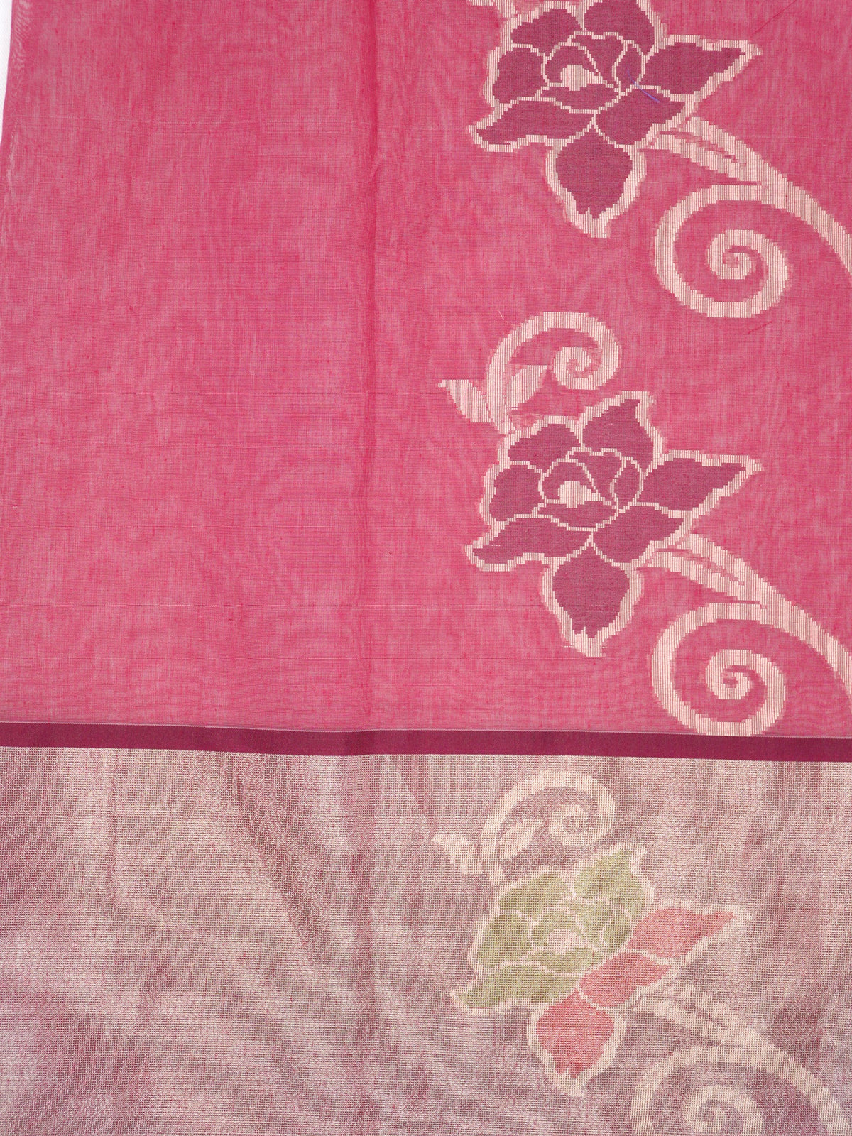 Off-White Cream & Pink Banarasi Soft Cotton Silk Saree with Floral Jaal