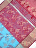Sky Blue & pink  Banarasi Soft Cotton Silk Saree with Floral Jaal