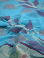Sky Blue & pink  Banarasi Soft Cotton Silk Saree with Floral Jaal