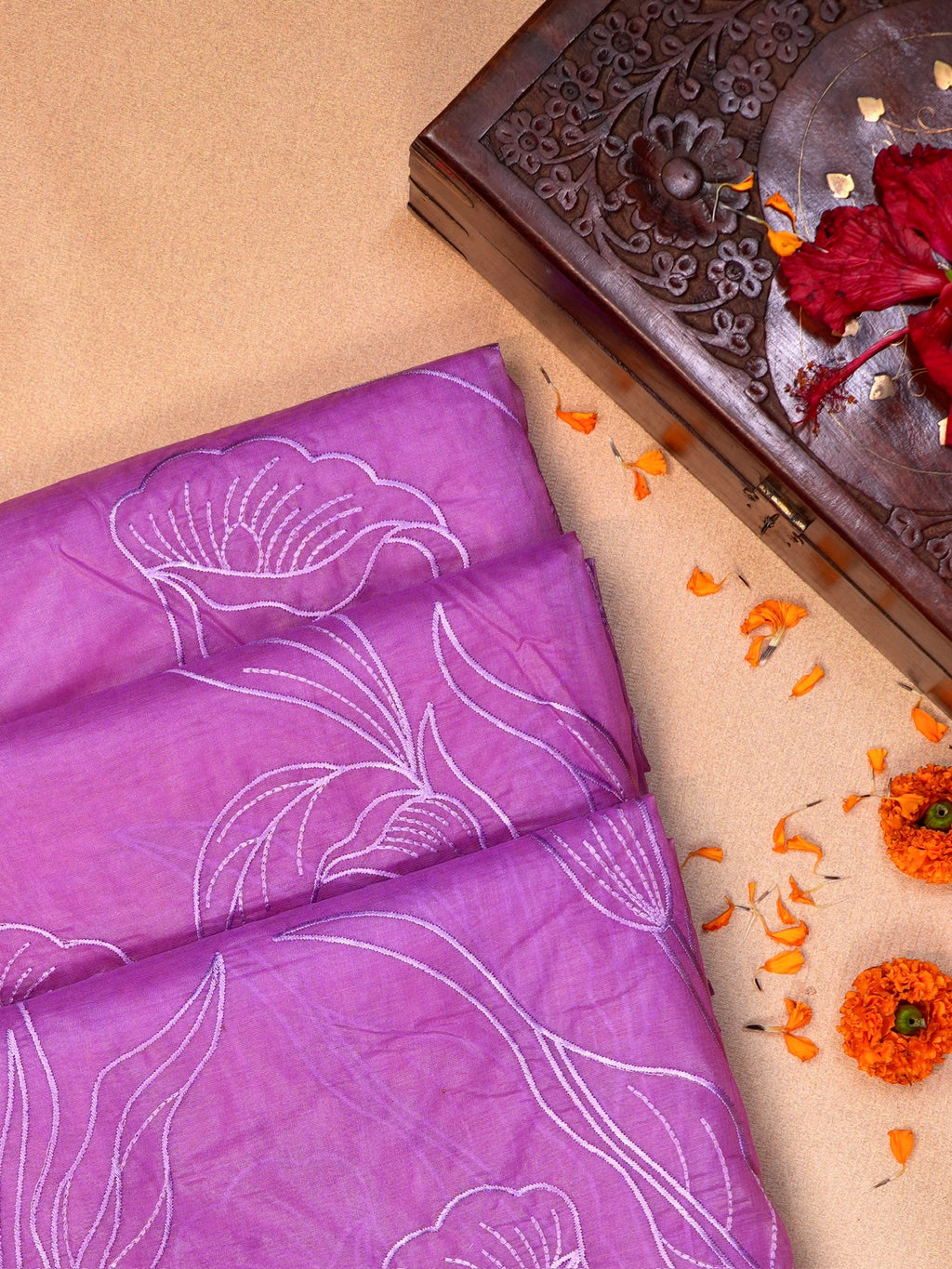 Lavender Orchid Soft Organza Floral Embroidered Saree