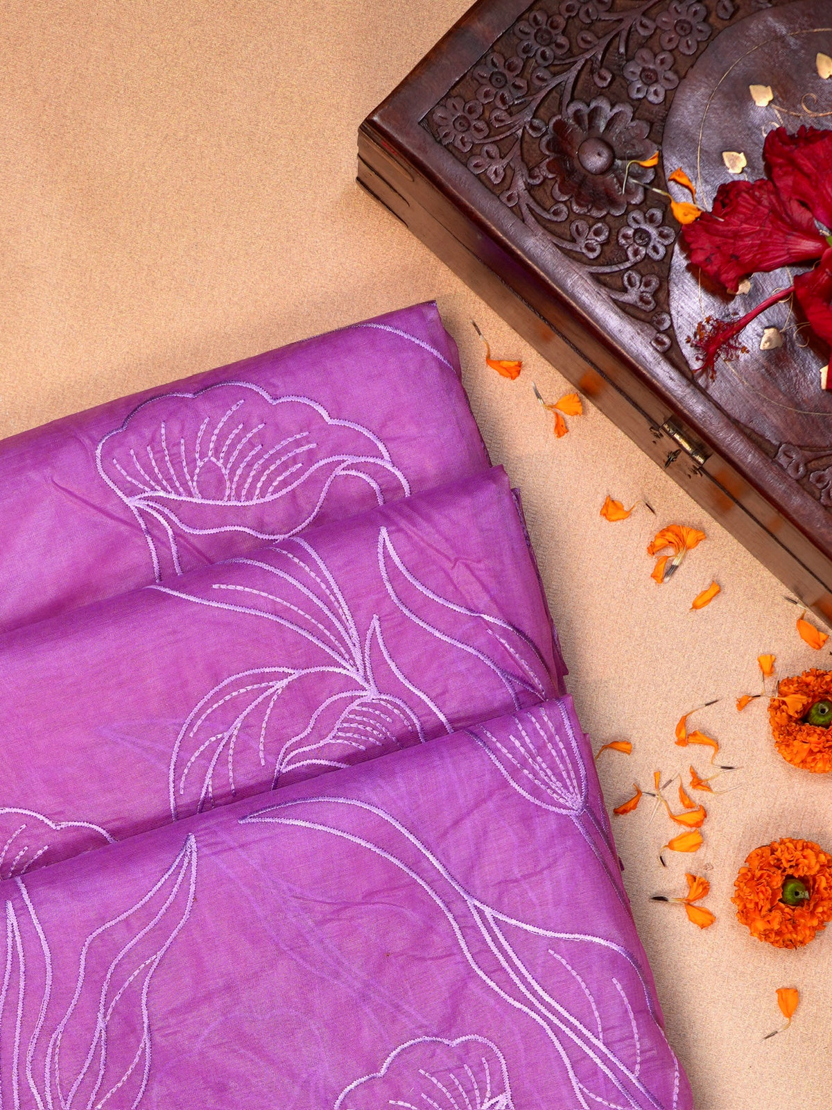 Lavender Orchid Soft Organza Floral Embroidered Saree