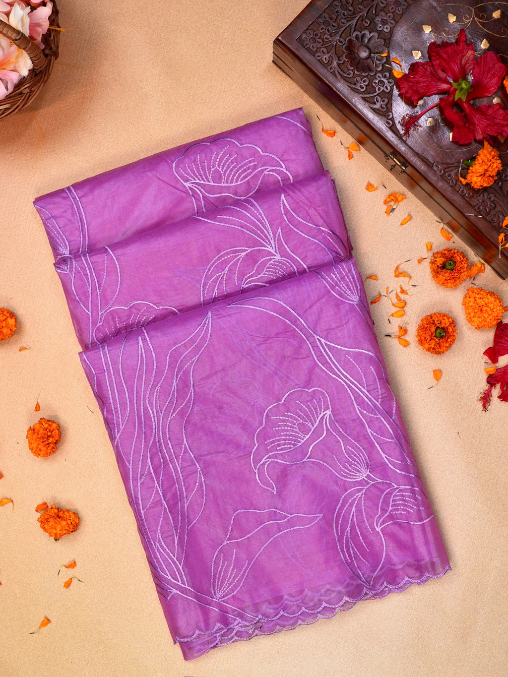 Lavender Orchid Soft Organza Floral Embroidered Saree