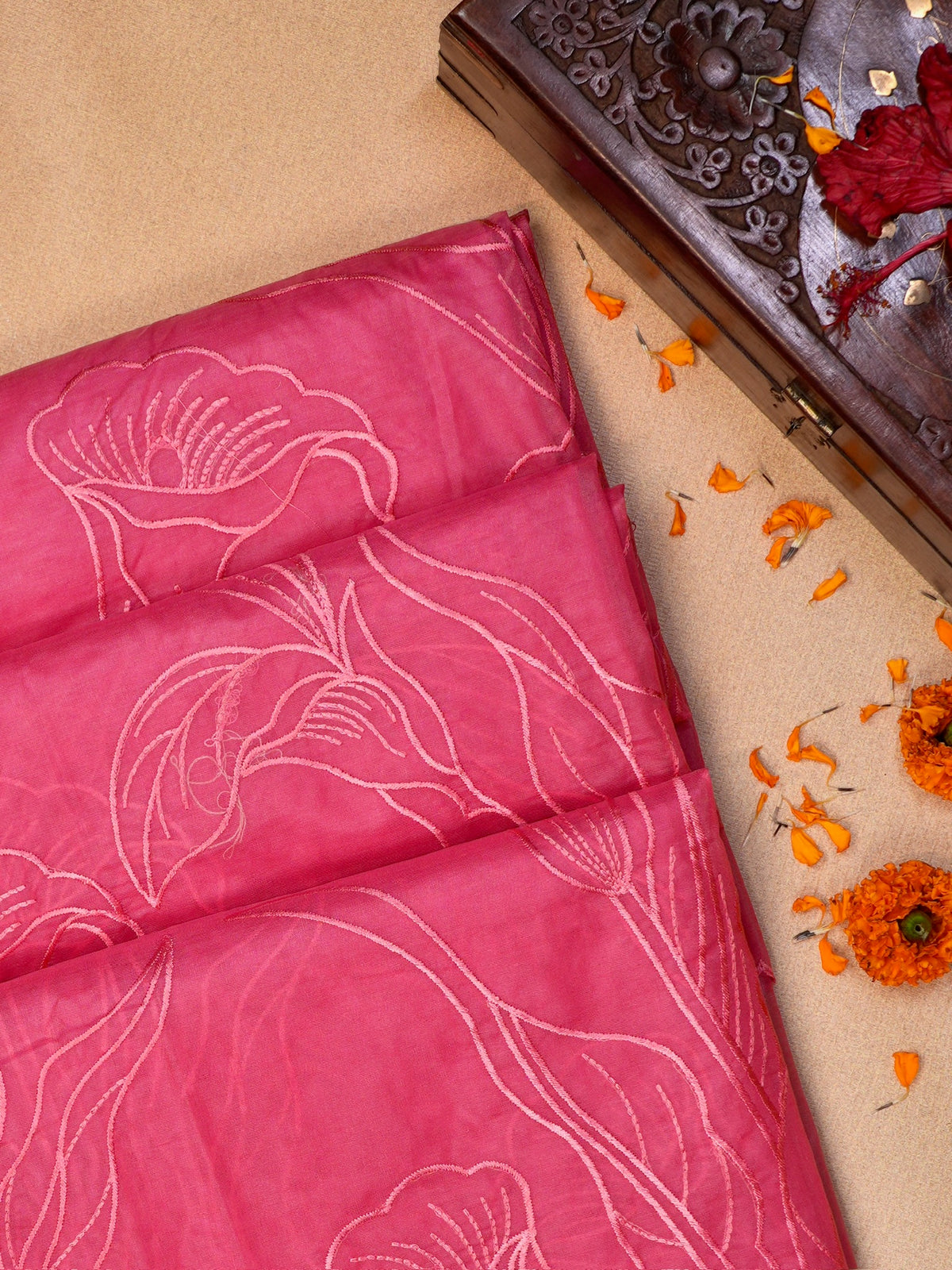 Rose Pink Soft Organza Floral Embroidered Saree