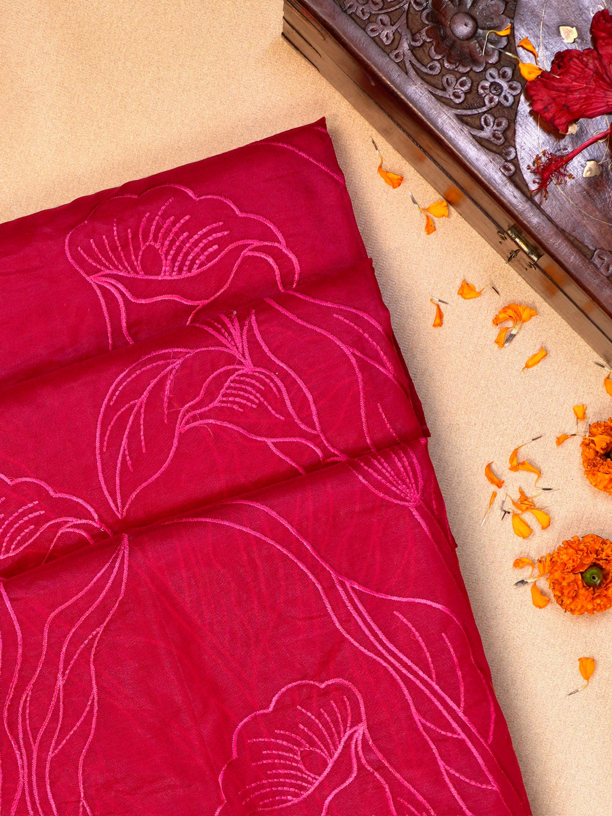 Crimson Red Soft Organza Floral Embroidered Saree