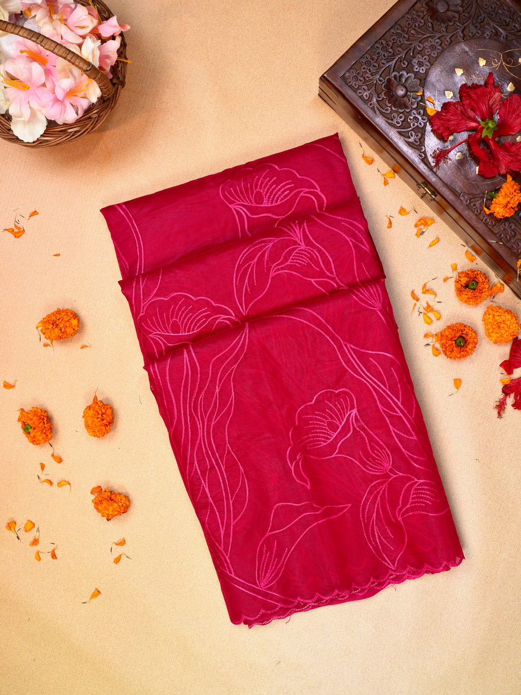 Crimson Red Soft Organza Floral Embroidered Saree