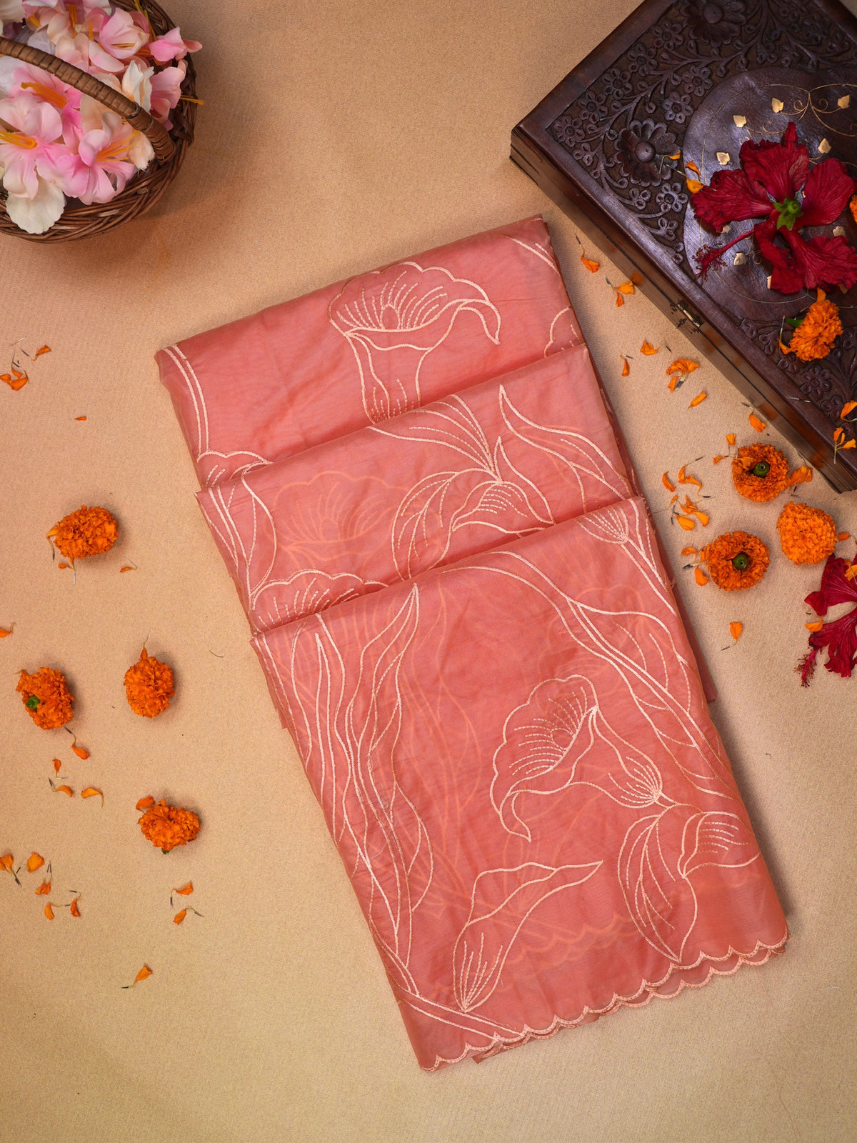 Peach Soft Organza Floral Embroidered Saree