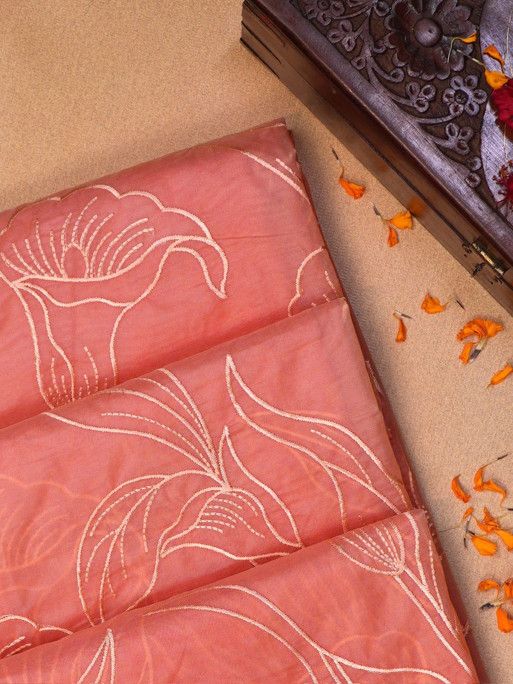 Peach Soft Organza Floral Embroidered Saree