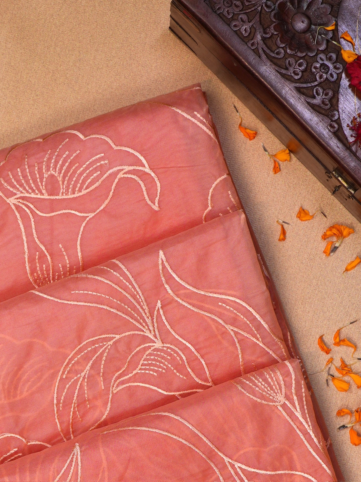Peach Soft Organza Floral Embroidered Saree
