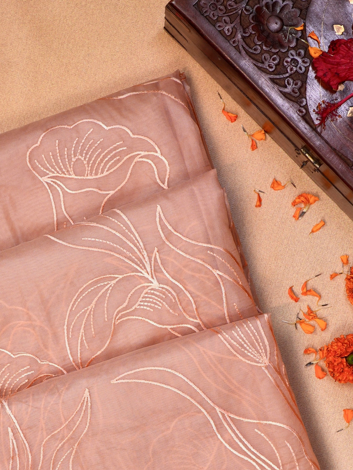 Rose Gold Soft Organza Floral Embroidered Saree