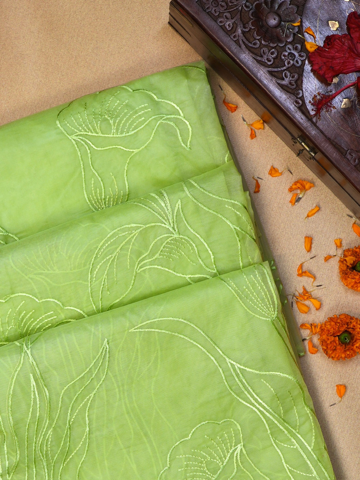 Pistachio Green Soft Organza Floral Embroidered Saree