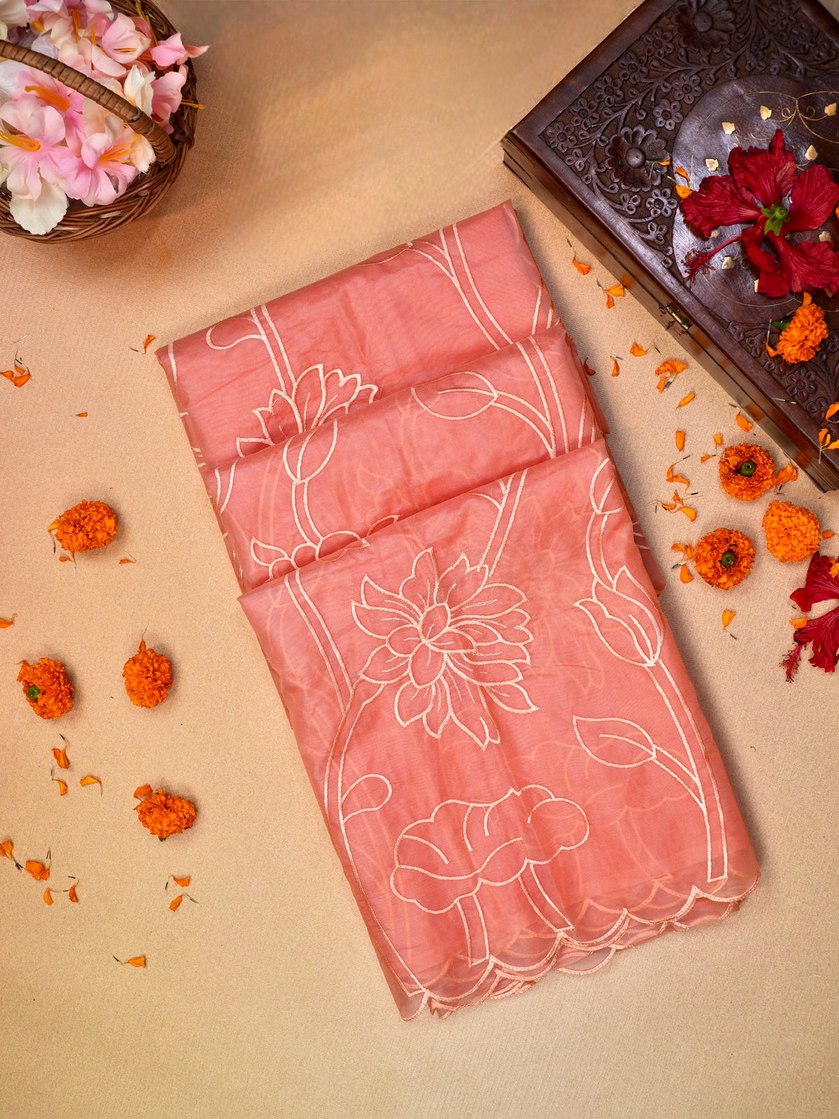 Peach Coral Soft Organza Floral Embroidered Saree