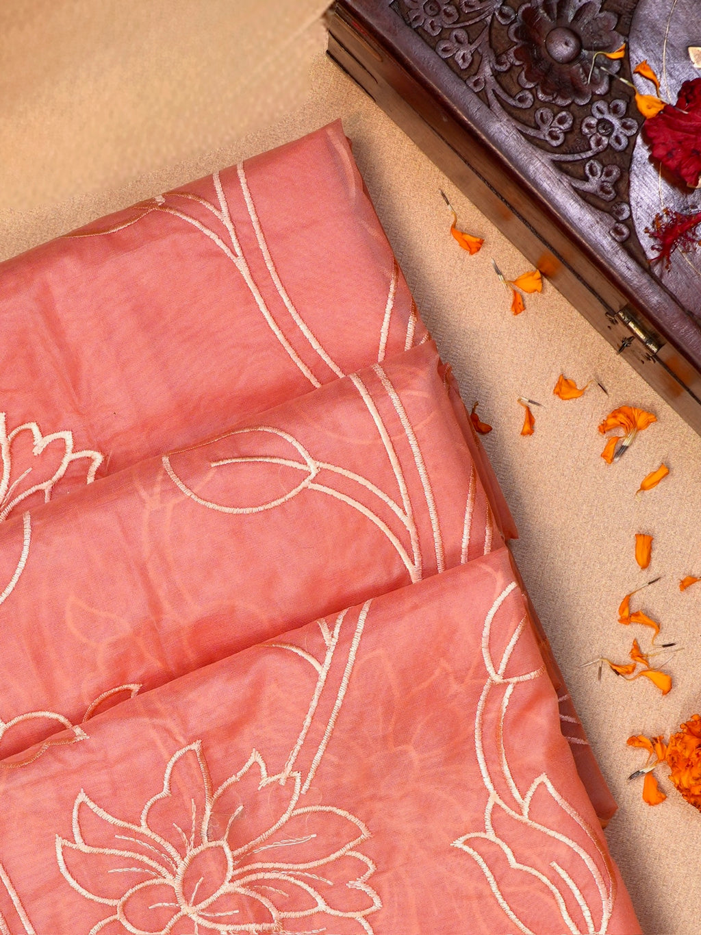 Peach Coral Soft Organza Floral Embroidered Saree