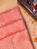 Peach Coral Soft Organza Floral Embroidered Saree
