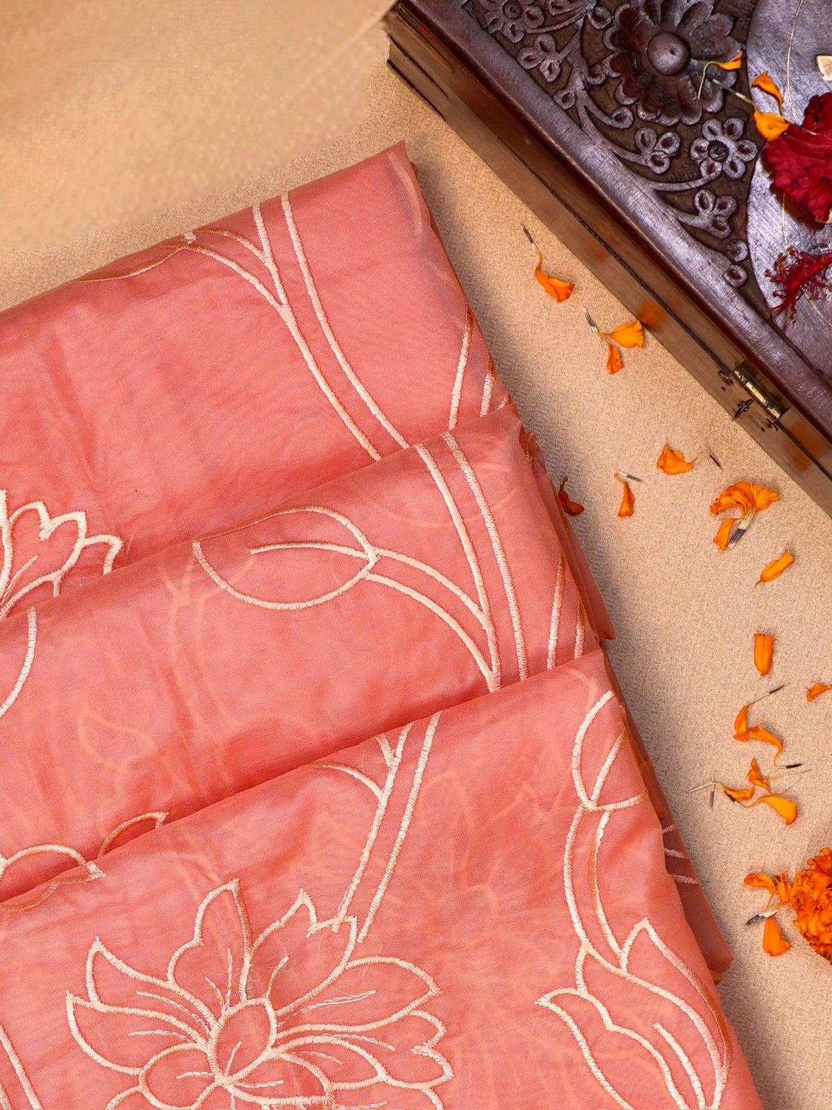 Peach Coral Soft Organza Floral Embroidered Saree