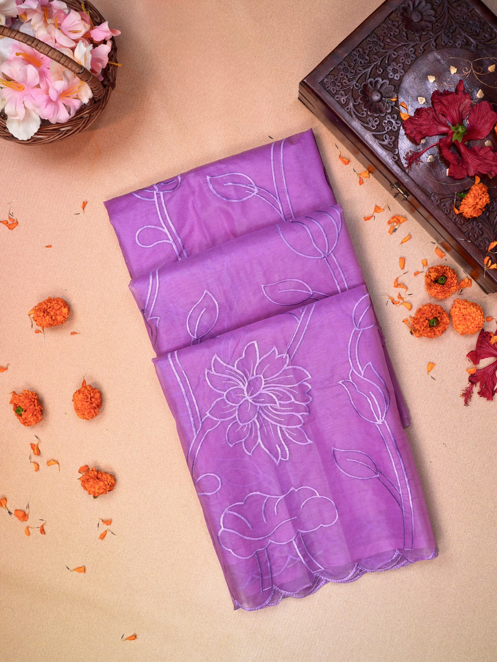 Lavender Soft Organza Vine Floral Embroidered Saree
