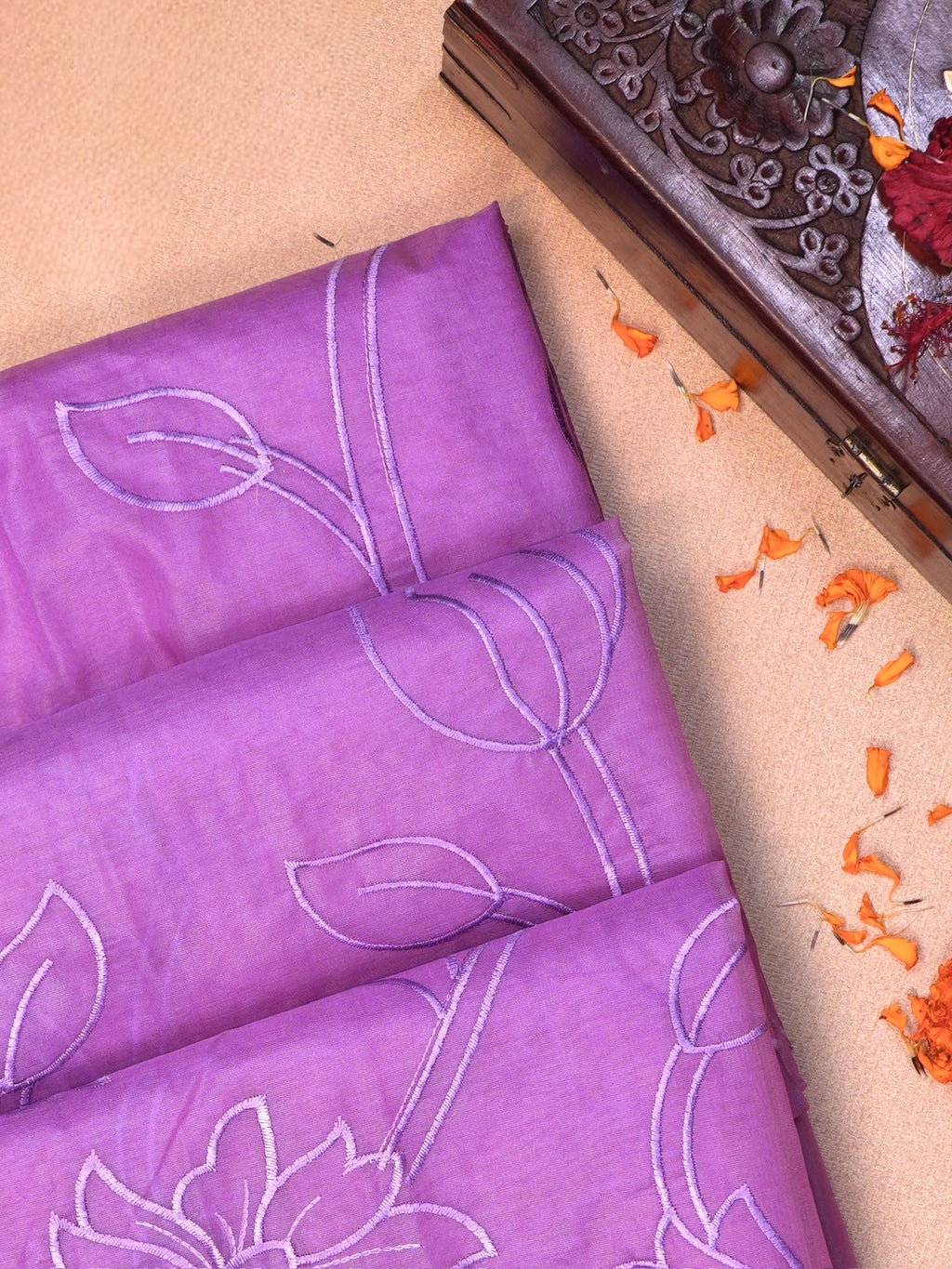 Lavender Soft Organza Vine Floral Embroidered Saree