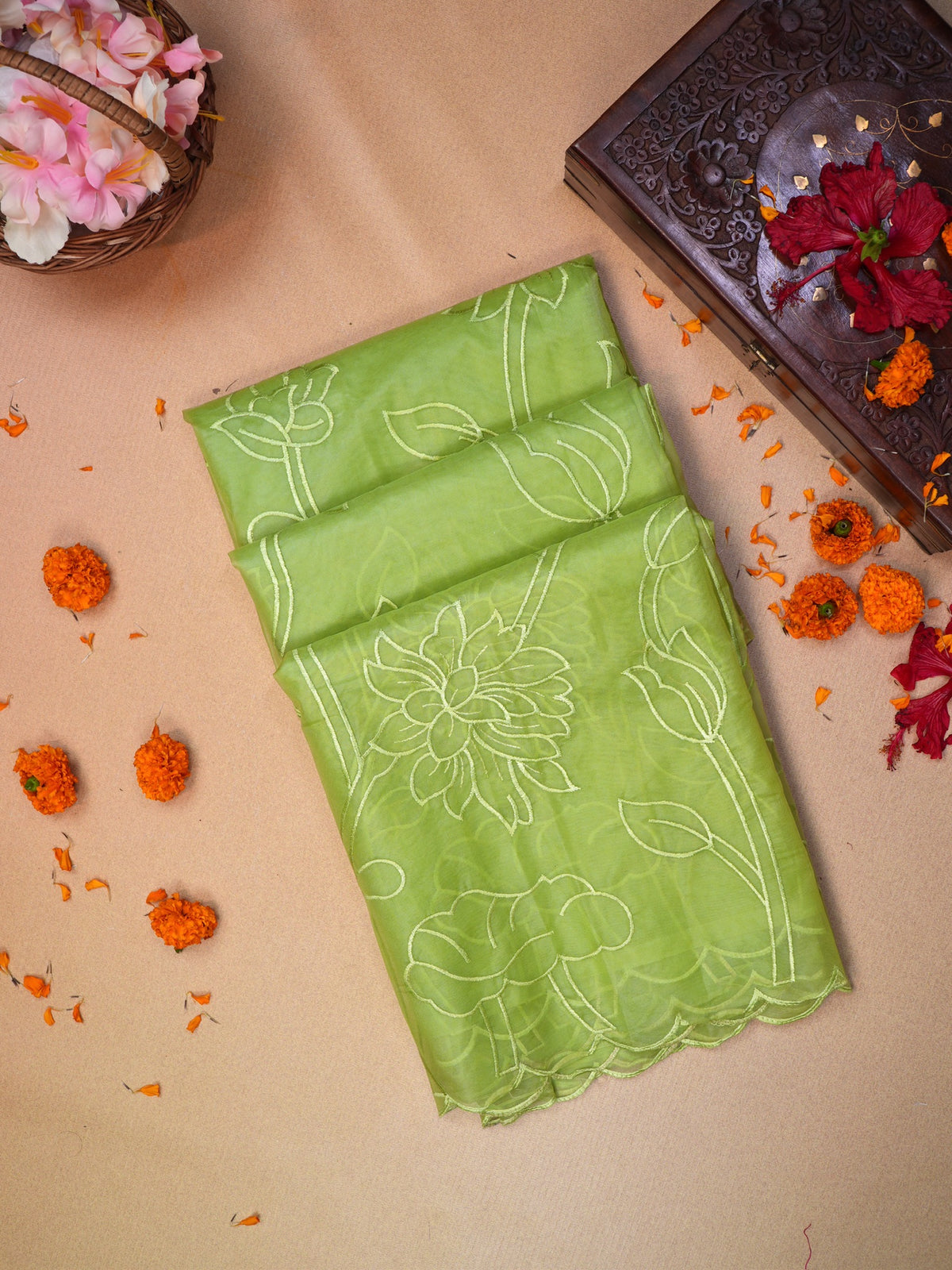 Parrot Green Soft Organza Silk Floral Embroidered Saree with Scalloped Border