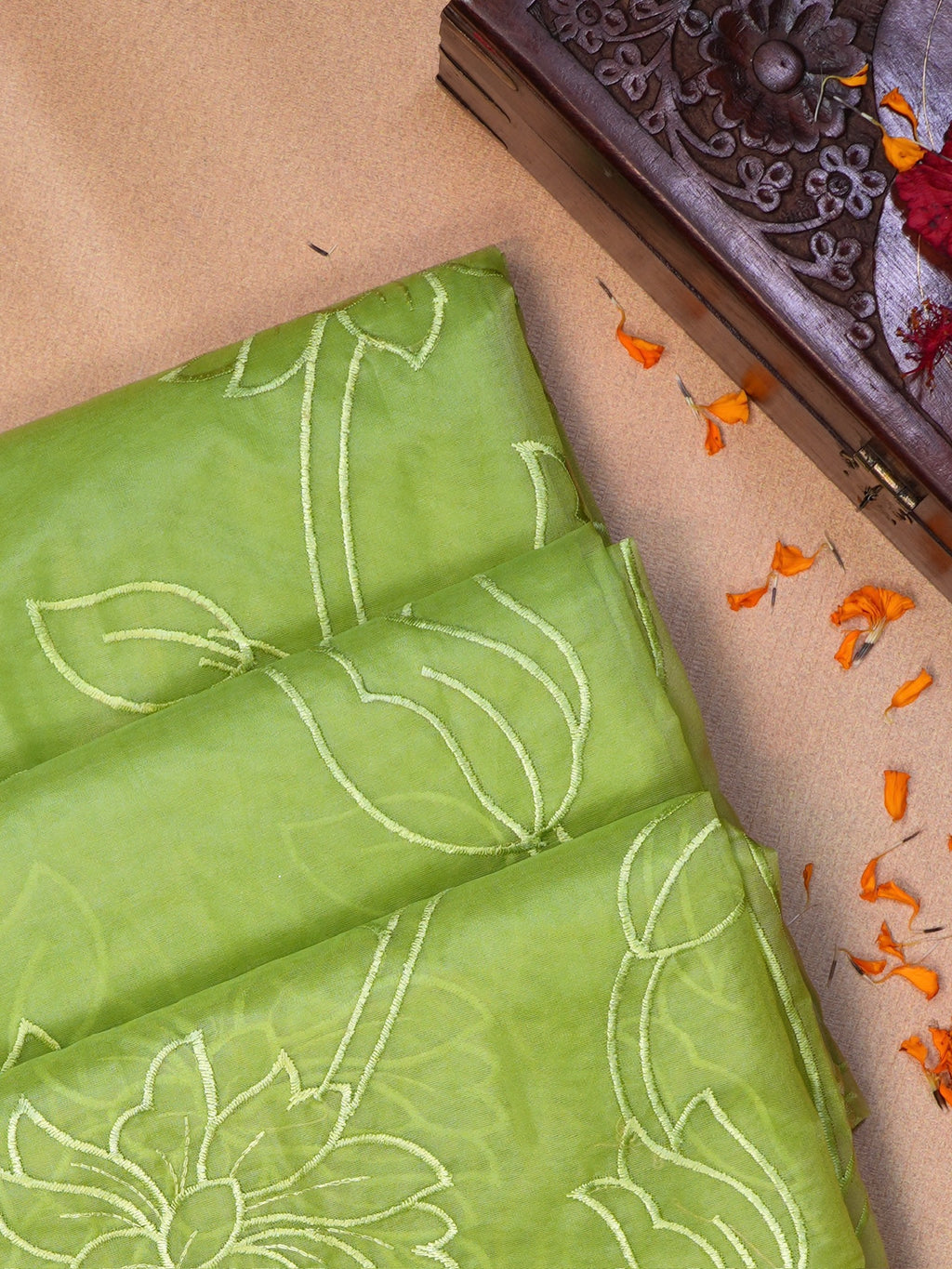 Parrot Green Soft Organza Silk Floral Embroidered Saree with Scalloped Border