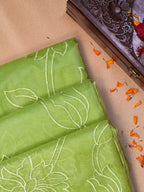 Parrot Green Soft Organza Silk Floral Embroidered Saree with Scalloped Border