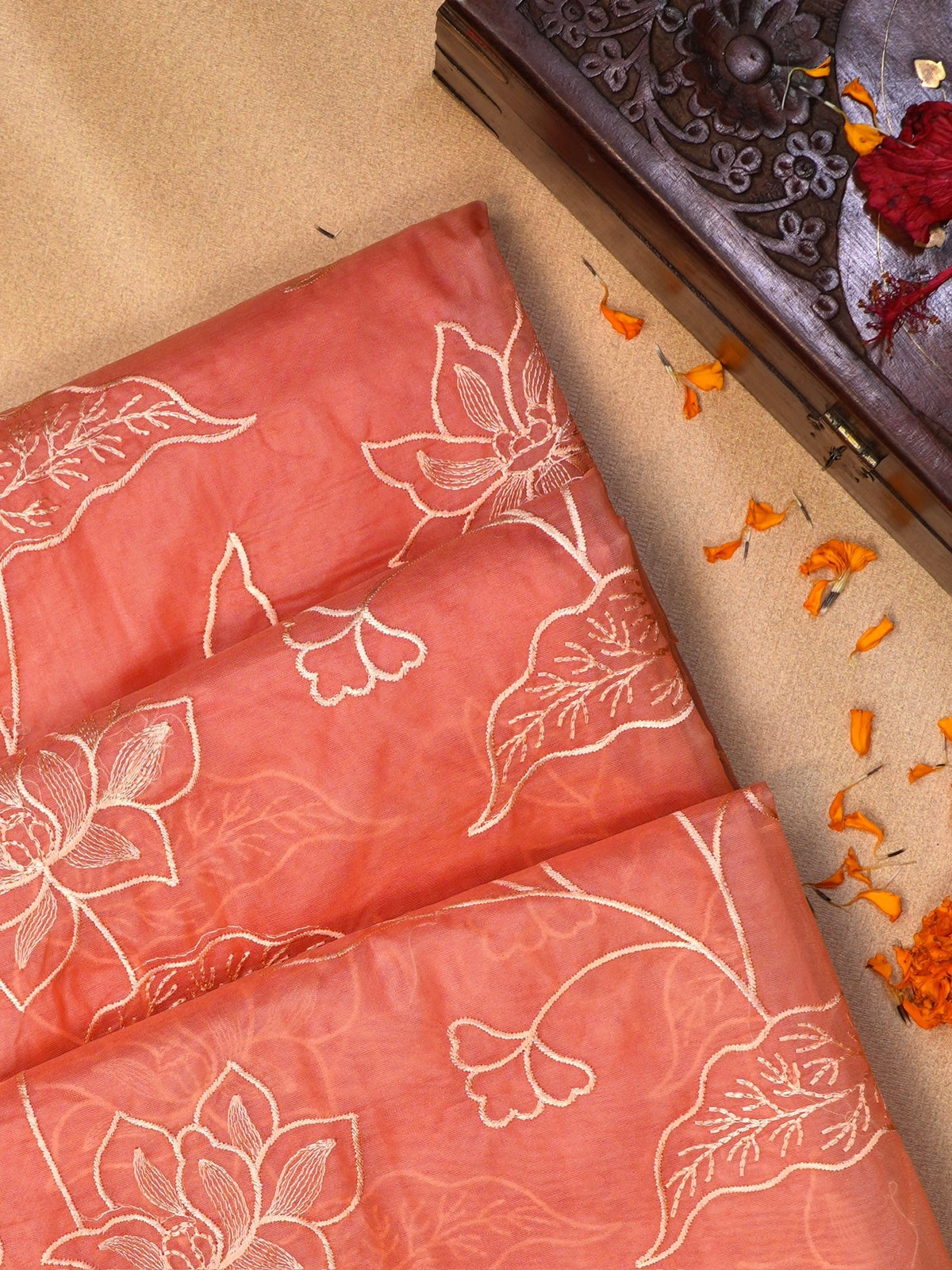Peach Soft Organza Silk Floral Embroidered Saree with Scalloped Border