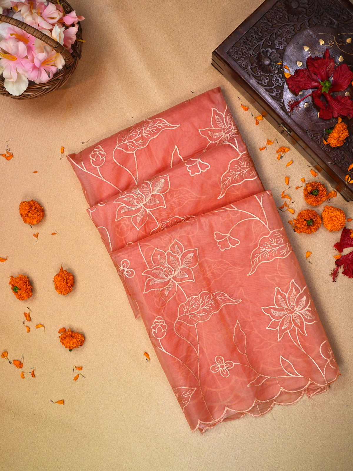Peach Soft Organza Silk Floral Embroidered Saree with Scalloped Border