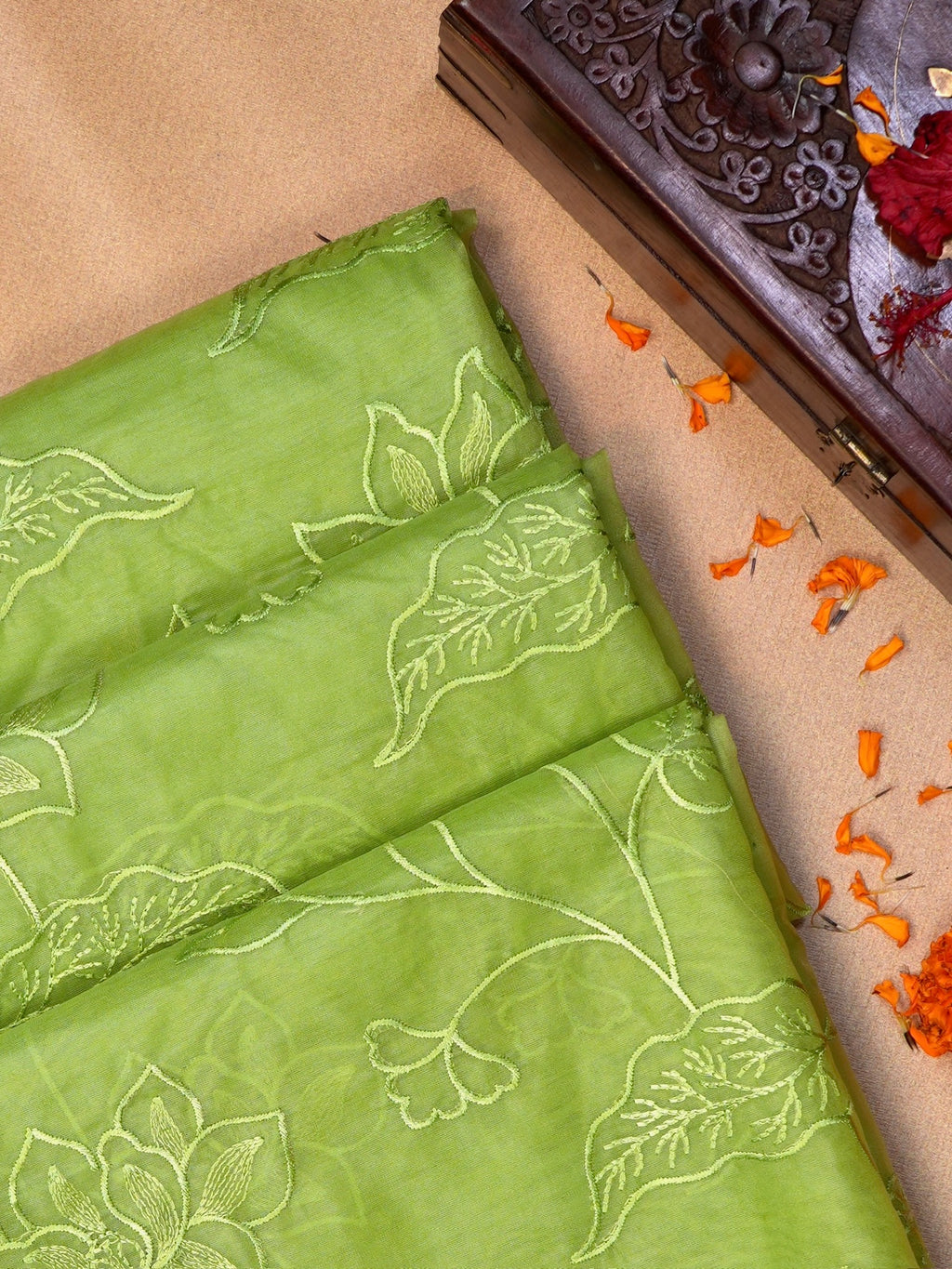 Lime Green Soft Organza Silk Floral Embroidered Saree with Scalloped Border