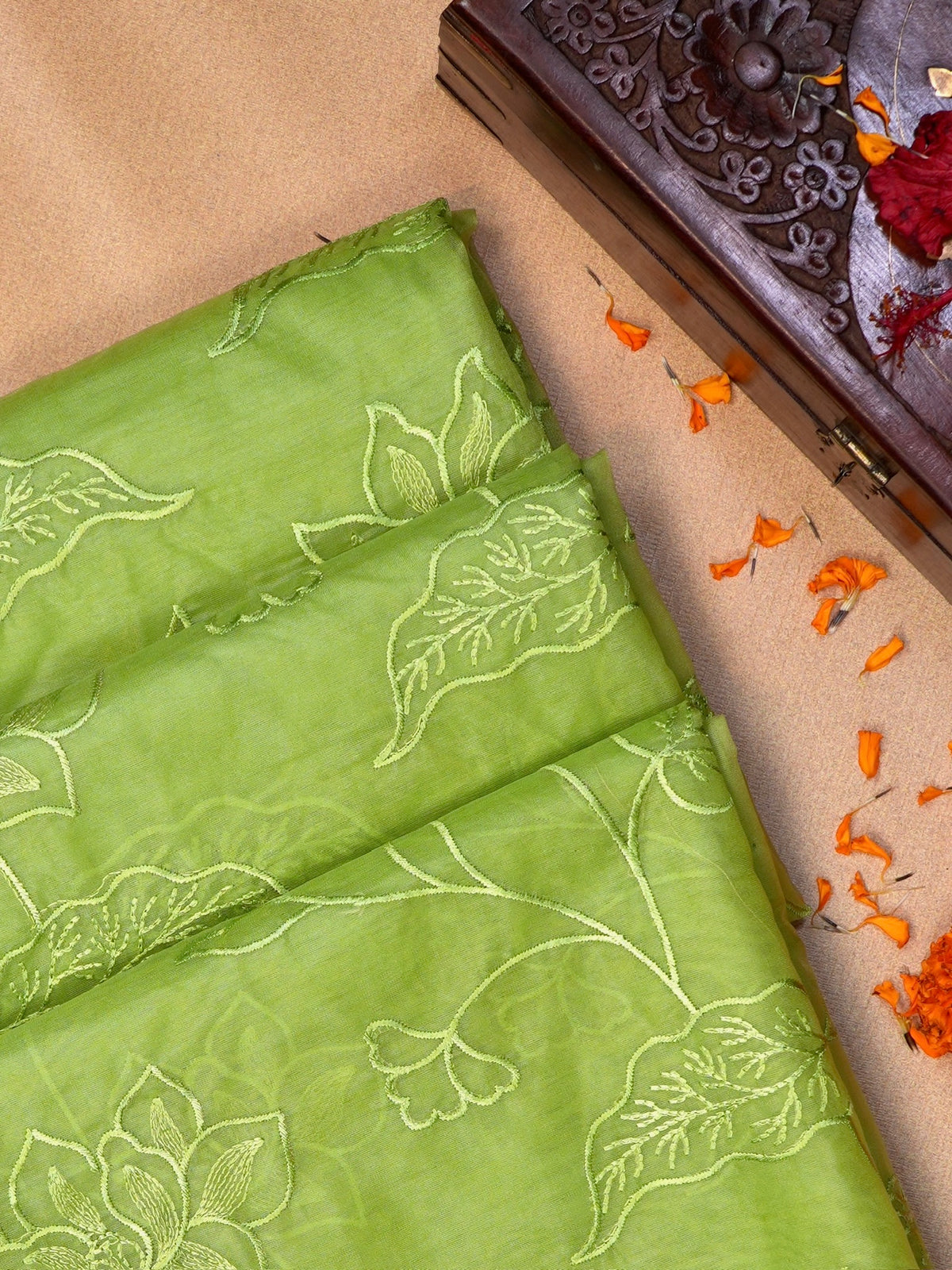 Lime Green Soft Organza Silk Floral Embroidered Saree with Scalloped Border
