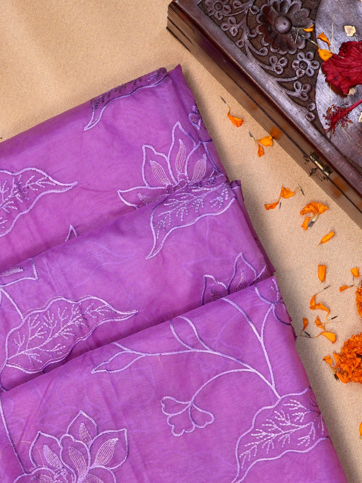 Lavender Soft Organza Silk Floral Embroidered Saree with Scalloped Border
