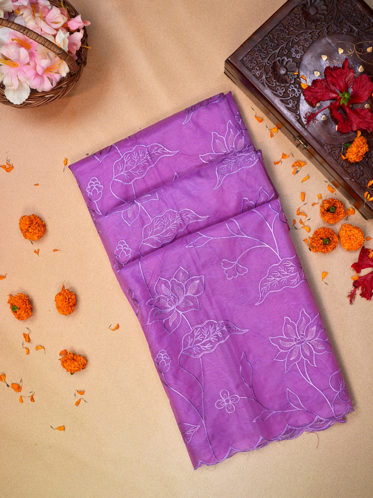 Lavender Soft Organza Silk Floral Embroidered Saree with Scalloped Border